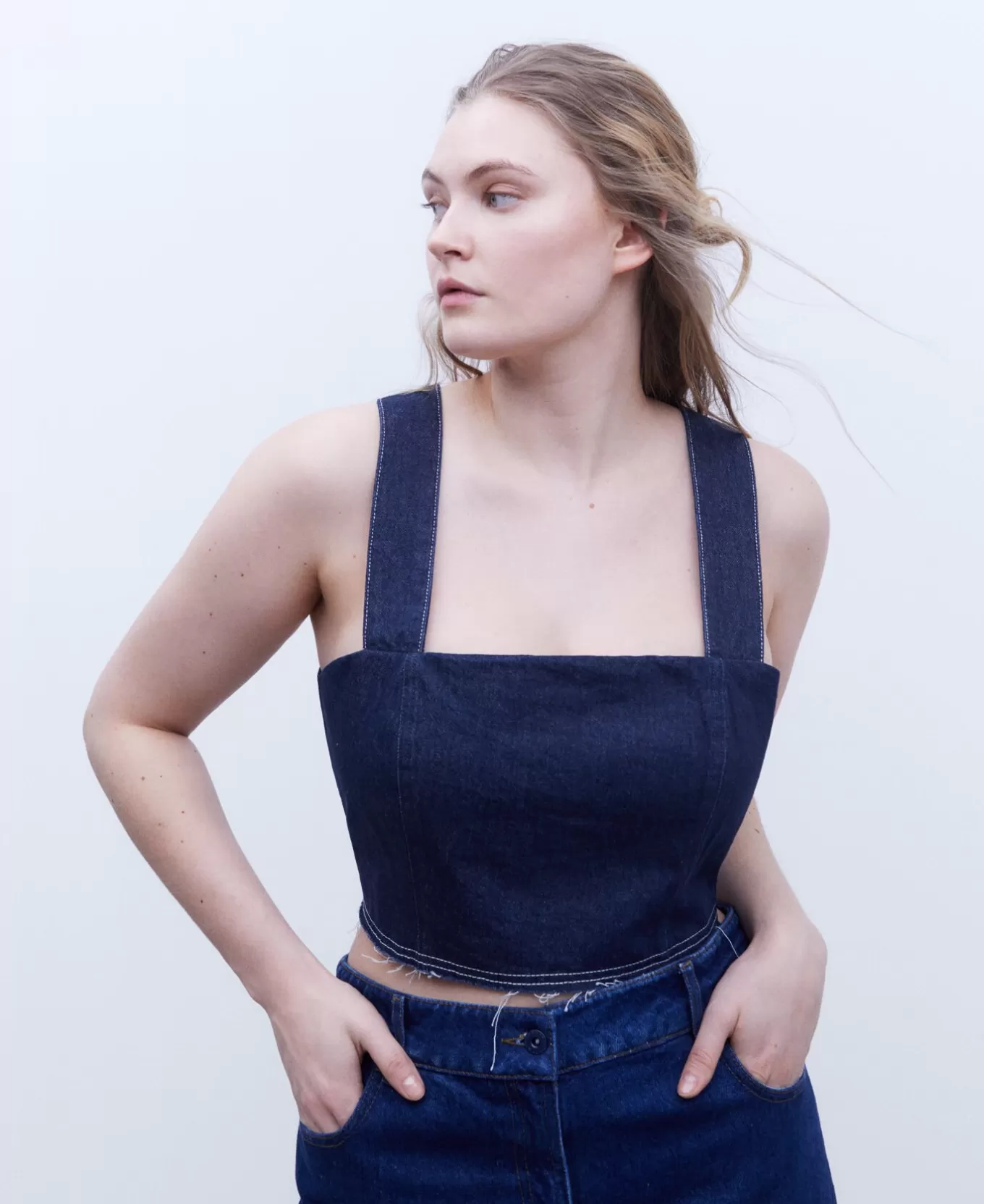 Femme Adolfo Dominguez Top En Denim Avec Surpiqures Contrastantes